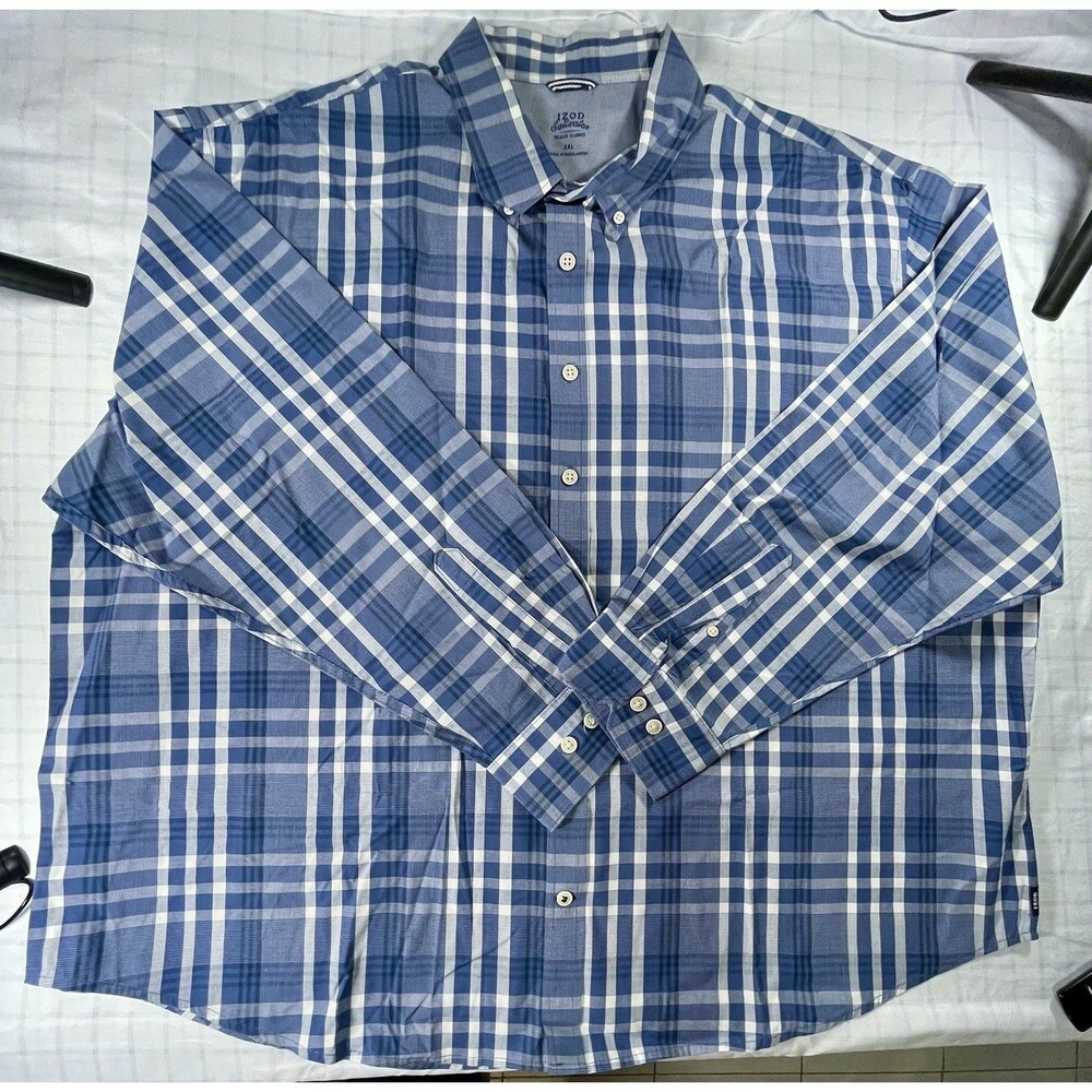 IZOD Saltwater Relaxed Classics Shirt Mens 3XL Blue Plaid Long Sleeve Stretch